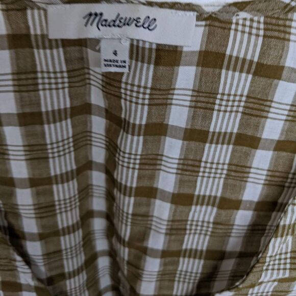 Madewell Top Women 4 Plaid 100% Cotton Button Front V-Neck Beige & White - Picture 7 of 8
